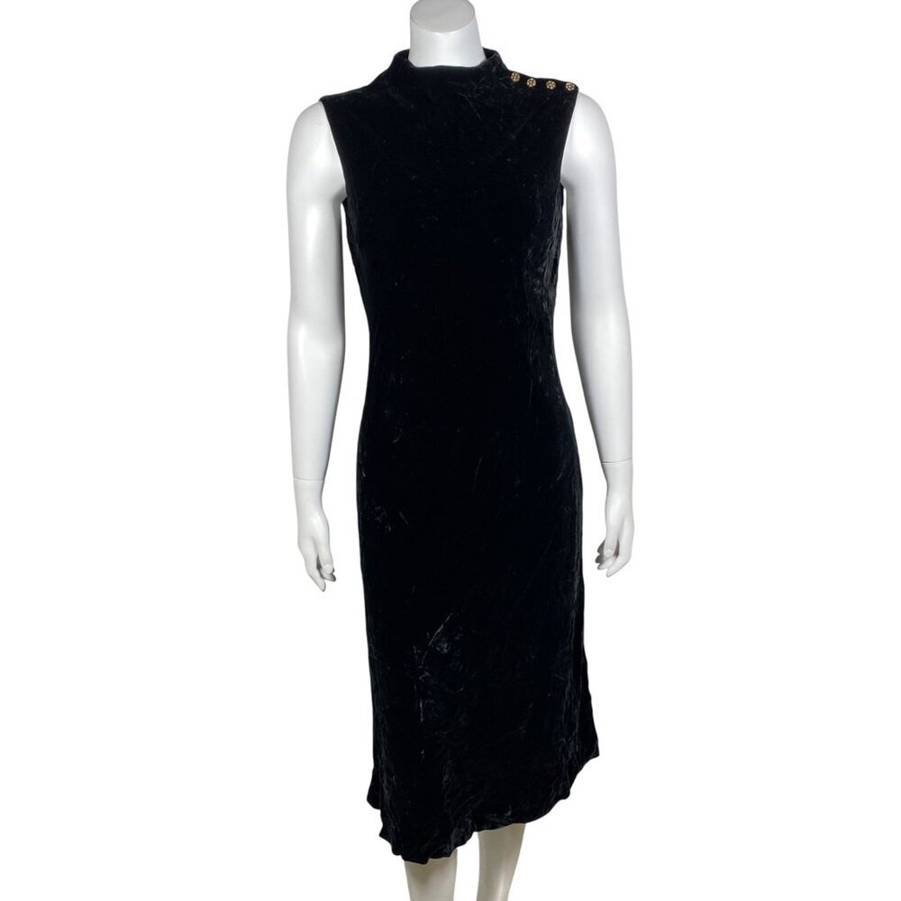 Vintage Evan-Picone Black Velvet Sleeveless Midi Dress Size 8 Button Details